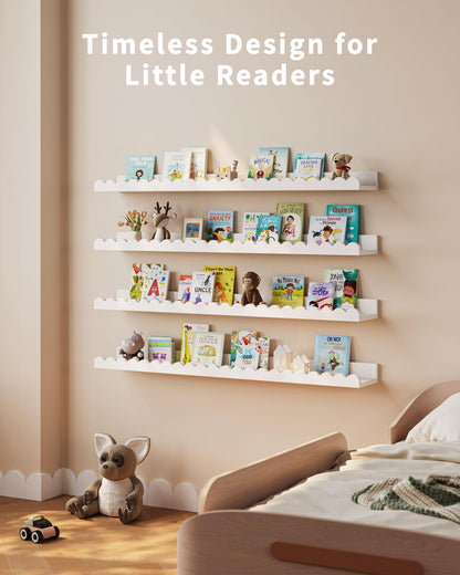 Shario Nursery Book Shelves, 4-Pack White Floating Shelves for Wall Kids, Scalloped Shelves, Wall Book Shelves for Bedroom Kids, Toddler Room, Baby Room, Nursery Decor