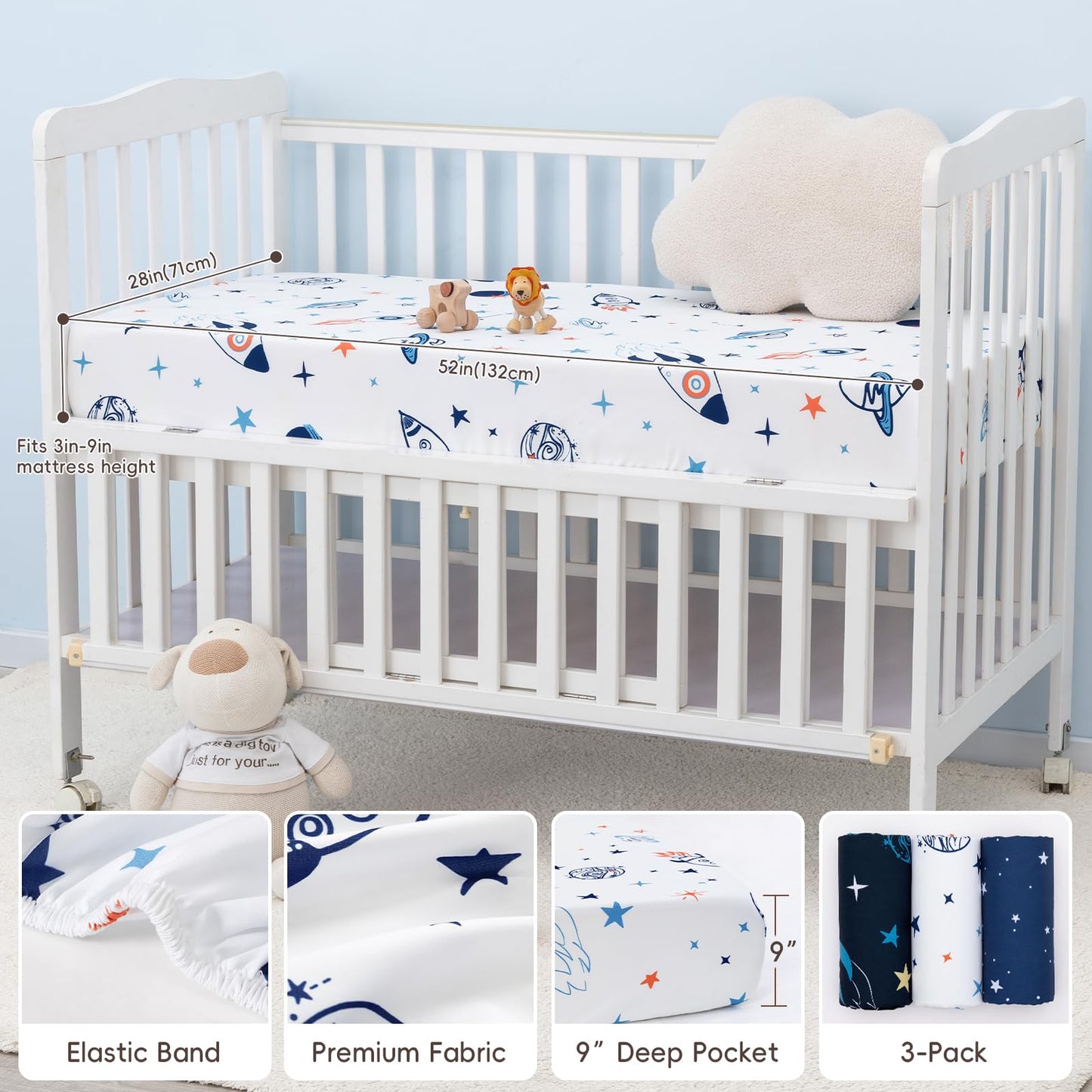 david's kids 3 Pack Fitted Crib Sheets, Ultra Soft Breathable Comfortable Baby Sheet Set for Boys Girls Neutral, 28x52 Inch Fits Standard Crib and Toddler Mattresses, Dinosaur