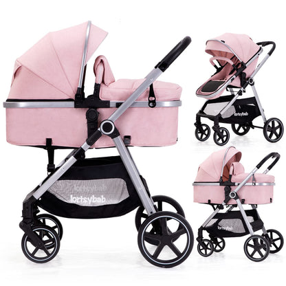 Lortsybab 2-in-1 Baby Stroller - Folding Infant Newborn Pram Stroller with Reversible Seat - Toddler Strollers for 0-36 Months Old Babies (Beige)
