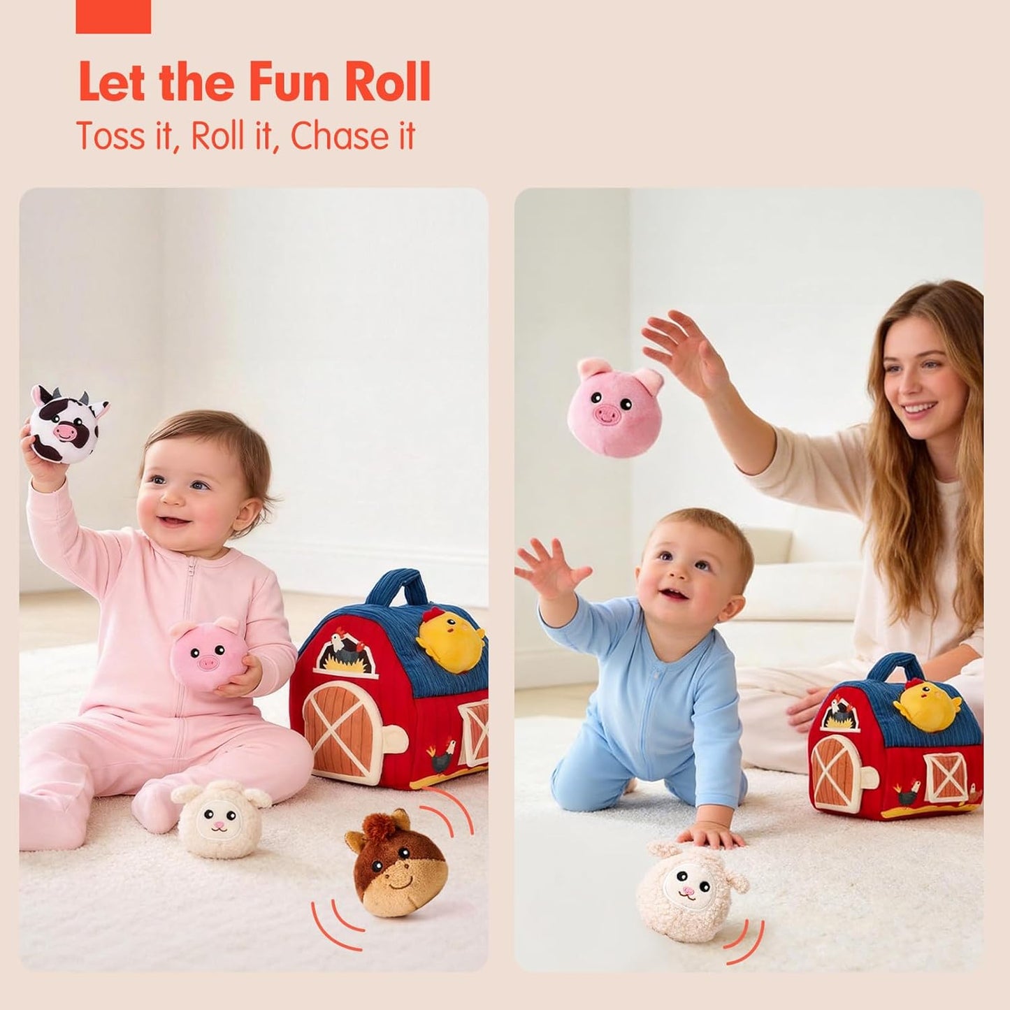 hahaland Baby Toys 6-12 Months - Surprise Barn Stuffed Farm Animals, Rattle, Crinkle, Mirror, Montessori Toys for 6 Month Old Sensory Balls 1-3, Baby Boy Gifts, Farm Plush Toys for Babies Travel Toy