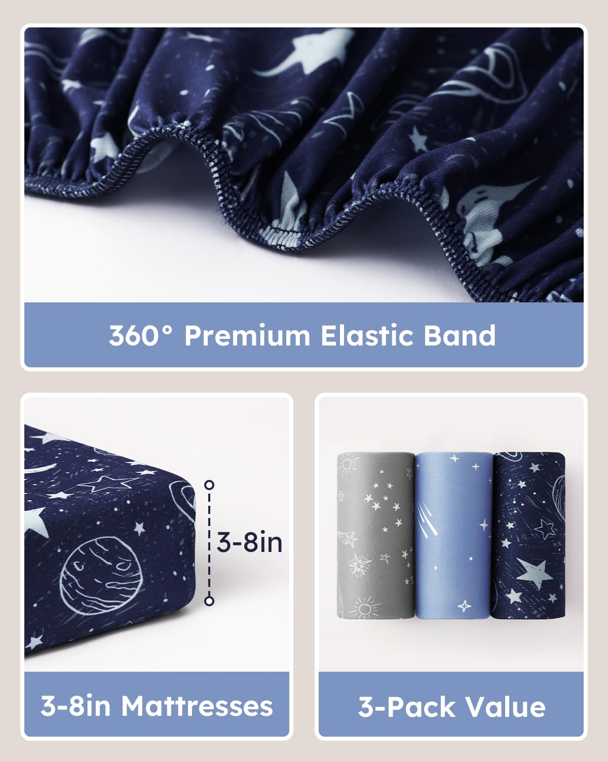 Unnivoll Baby Crib Sheets for Boys Girls, 28x52x8in Fitted Crib Sheet Neutral 3 Pack for Standard Crib and Toddler Mattress, Breathable Soft Microfiber Baby Sheet Blue Gray Planet
