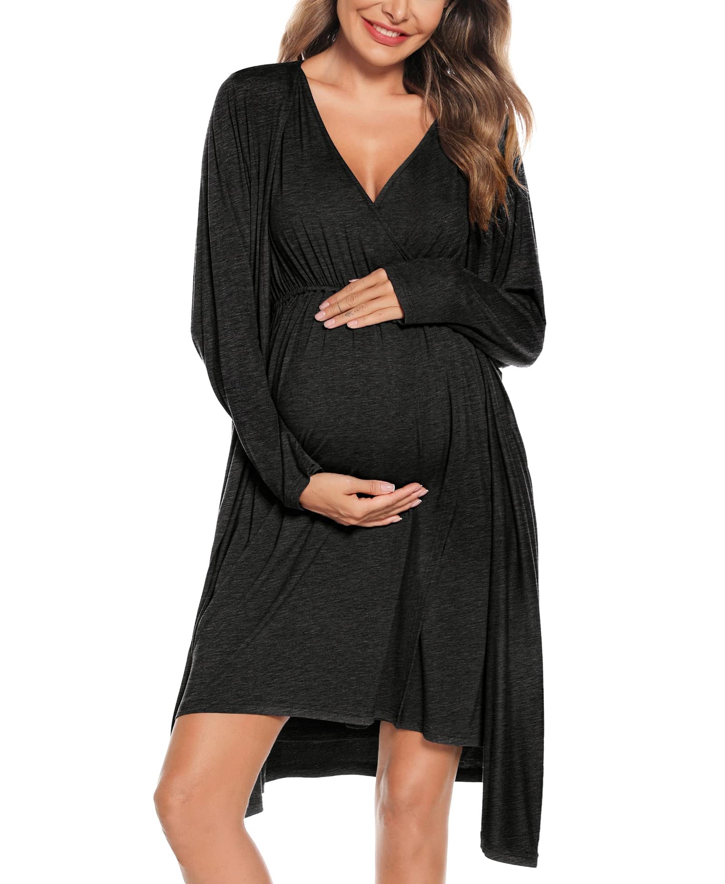 SWOMOG Women Maternity Nursing Gown and Robe Set 3 in 1 Labor Delivery Nursing Nightgown for Breastfeeding Hospital Bathrobe