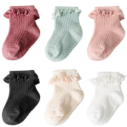 DRESHOW BQUBO Baby Girls Toddler Anti Slip Socks - Cute Frilly Ruffle Grip Ankle Socks for Infant Toddler