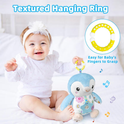 Baby Toys 0-6 Months,Musical Plush Stuffed Animal with Rattles & Crinkle Paper,Hanging Ring for Sensory Play,Tummy Time Toys for 0-12 Months Girls, Baby Girl Gift (Pink)