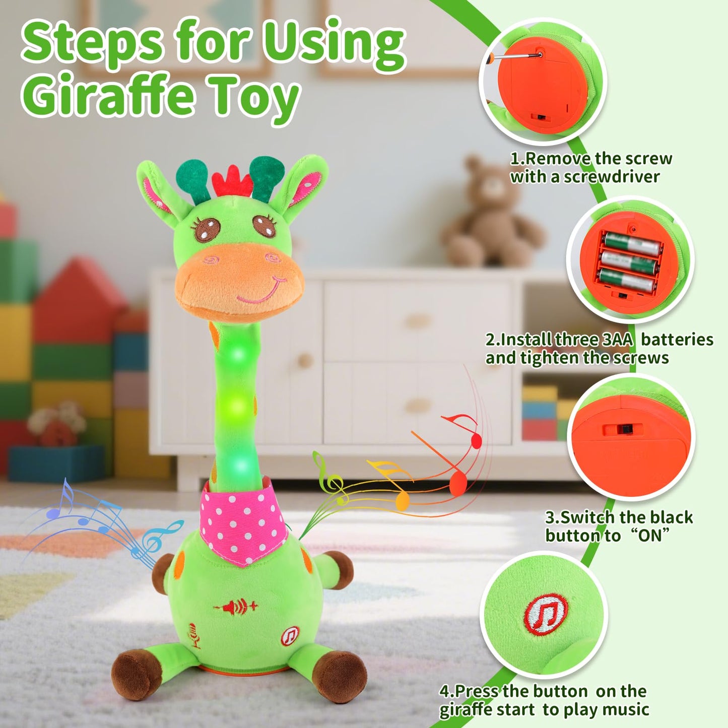 Emoin Dancing Talking Giraffe Baby Toy, Adjustable Volume Baby Giraffe Toys Singing 10 Children's Songs Singing Mimicking Recording Repeating What You Say for Toddlers
