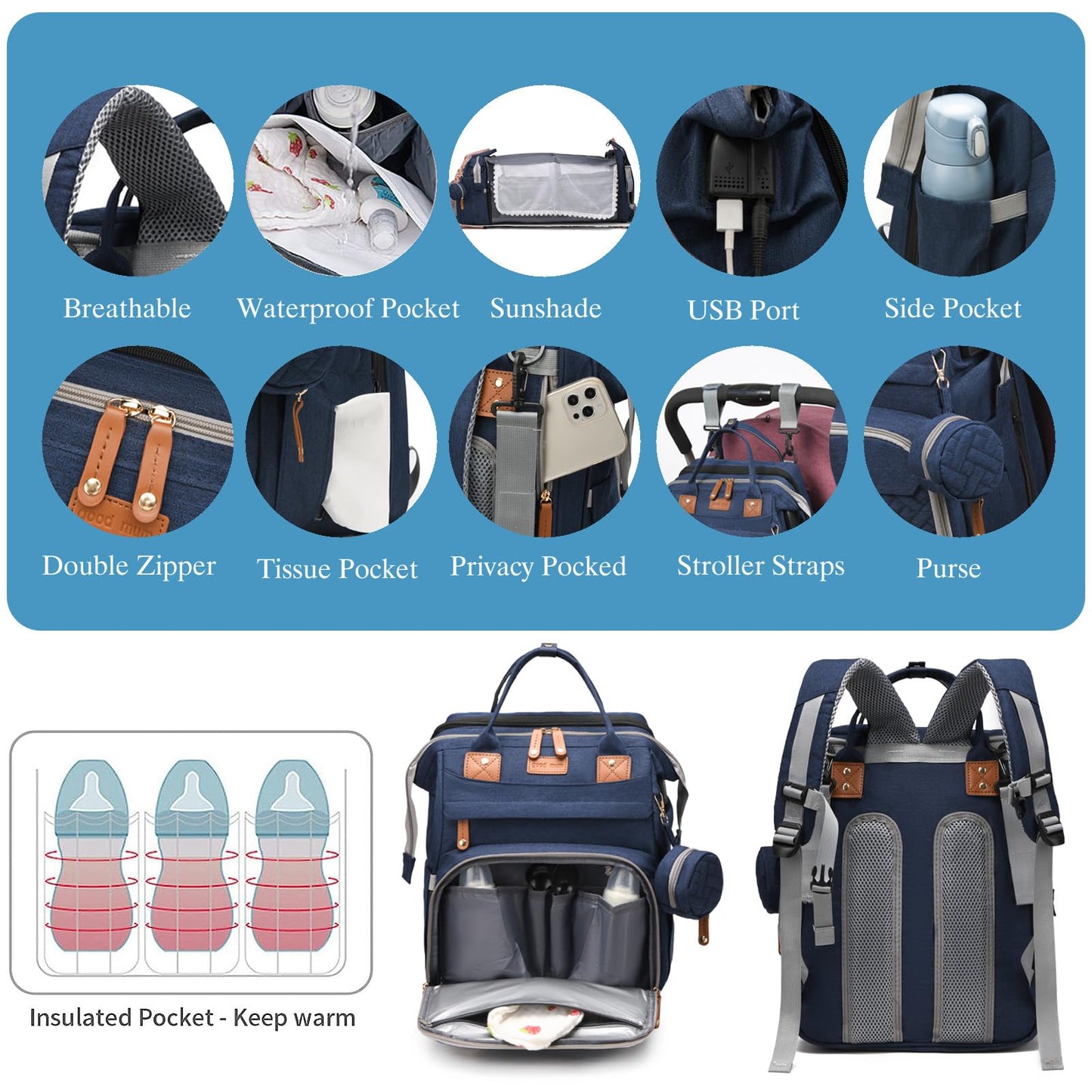 Jeryswet Baby Diaper Bags with Changing Station, Waterproof Large Capacity Diaper Bag Backpack for Moms Dads with USB Charging Port and Stroller Straps, Baby Shower Gifts, Grey