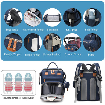 Jeryswet Baby Diaper Bags with Changing Station, Waterproof Large Capacity Diaper Bag Backpack for Moms Dads with USB Charging Port and Stroller Straps, Baby Shower Gifts, Grey