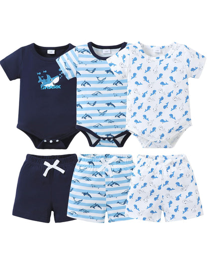 Jecson Newborn Boy Clothes Baby Boy Outfits Summer Set 6-Piece Cotton Short Sleeve Top and Shorts for 0-18M