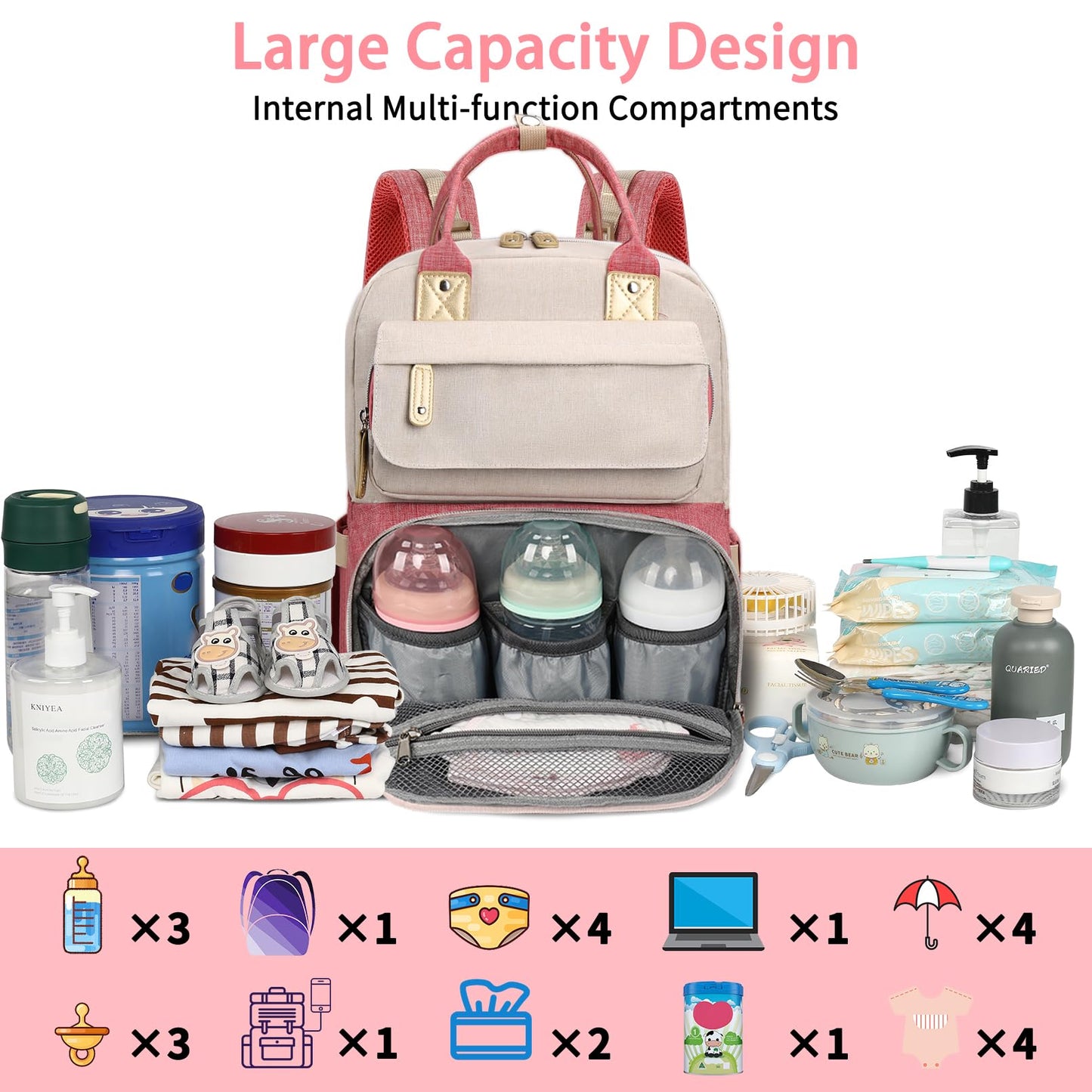 Diaper Bag Backpack, Baby Girl Diaper Bag for Mom, Large Pink Floral Diaper Bag Backpack for Girls, Waterproof Mom Backpack for Work Travel Holiday with Insulated Pockets and Stroller Straps