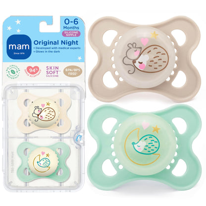 MAM Original Baby Pacifiers 0-6 Months, Binky for Newborn Babies, BPA-Free Skin Soft Silicone Nipple, Glows in The Dark, Developed with Medical Experts, 4 Count, Made in Europe