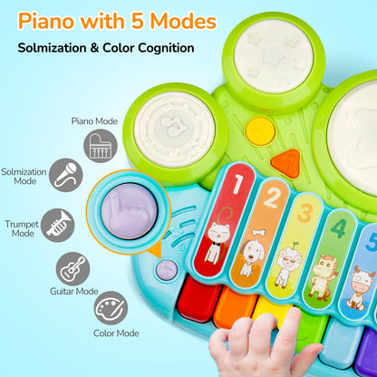 Baby Piano Drum Set for Toddlers 1-3, Musical Toys 3 In 1 Baby DJ Table Piano Keyboard Xylophone Instruments for 1 2 Year Old Boys Girls Music & Light Activity Table 6-12-18 Months Old Birthday Gifts