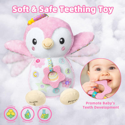 Baby Toys 0-6 Months,Musical Plush Stuffed Animal with Rattles & Crinkle Paper,Hanging Ring for Sensory Play,Tummy Time Toys for 0-12 Months Girls, Baby Girl Gift (Pink)