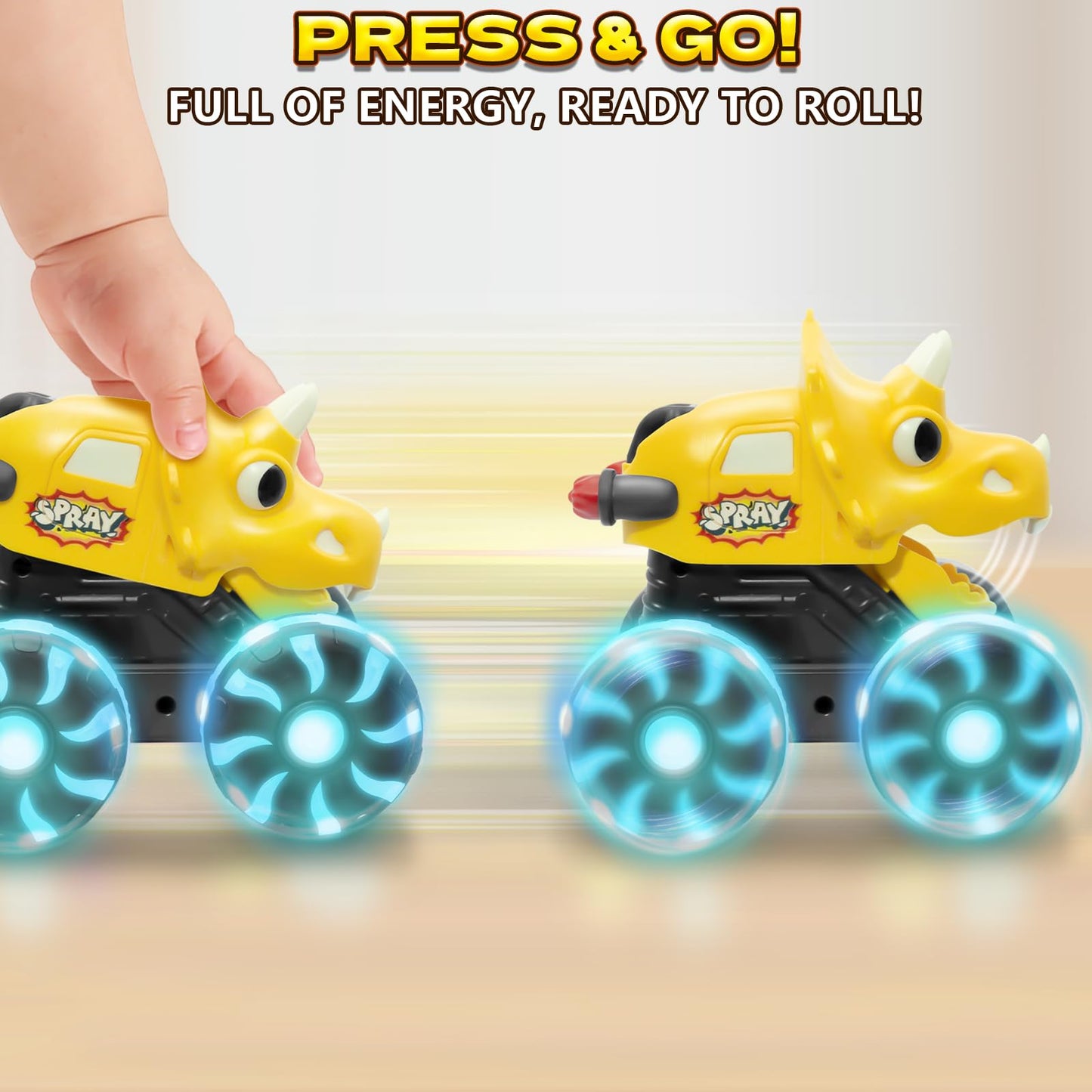 Intoypad 3 Pack Dinosaur Car Toys for Kids Toddlers, Light up Wheels Monster Truck Toys for Boys 2 3 4 5 6 7 8 Years Old Christmas Birthady Gifts Press & Go Dino Trucks Toy for Toddler Boy Baby