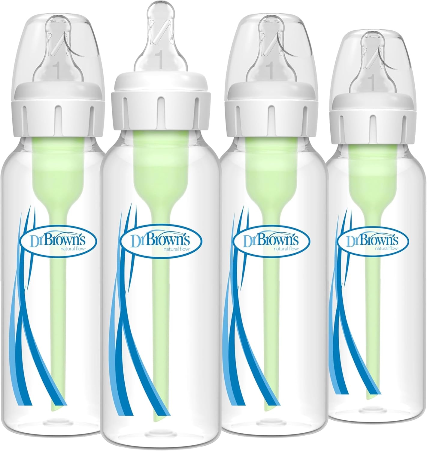 Dr. Brown's Natural Flow Anti-Colic Options+ Narrow Baby Bottle, 8 oz/250 mL, with Level 1 Slow Flow Nipples, 0m+, 4 Pack