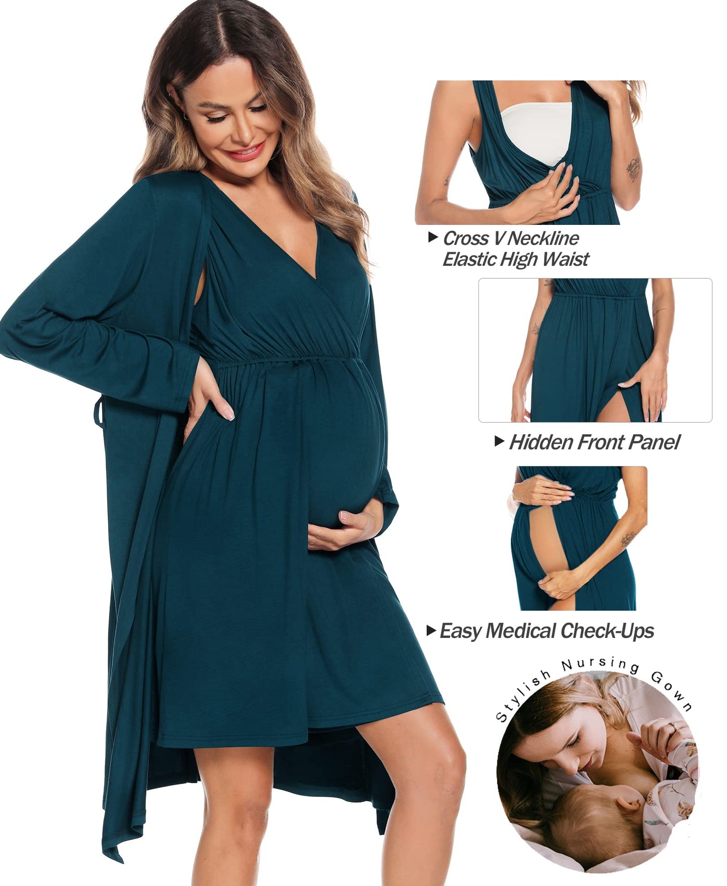 SWOMOG Women Maternity Nursing Gown and Robe Set 3 in 1 Labor Delivery Nursing Nightgown for Breastfeeding Hospital Bathrobe