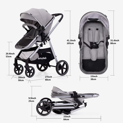 Lortsybab 2-in-1 Baby Stroller - Folding Infant Newborn Pram Stroller with Reversible Seat - Toddler Strollers for 0-36 Months Old Babies (Beige)