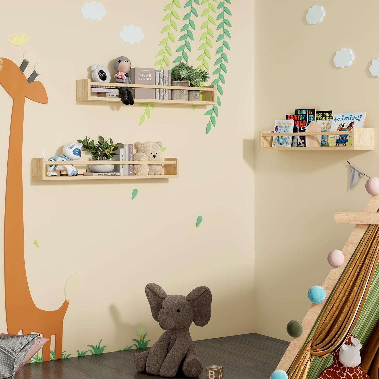 Fixwal Nursery Book Shelves, 16.5 Inch Floating Bookshelves for Wall Set of 3, Baby Nursery Decor, Solid Wood Wall Mounted Shelves for Books, Toys and Decor Storage (Brown)