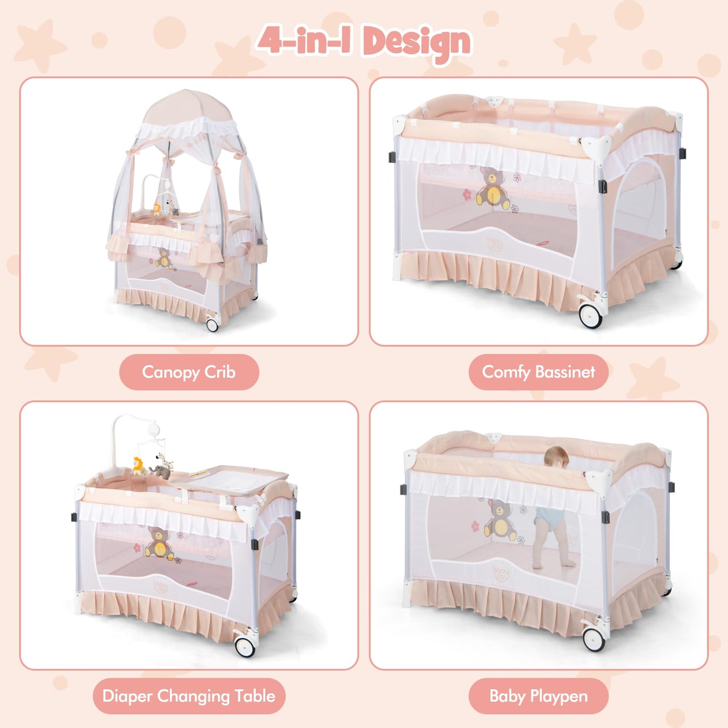 BABY JOY 4 in 1 Pack and Play with Canopy, Portable Baby Playard with Bassinet, Double-Layer Baby Crib, Wheels & Brake, Foldable Baby Girl Pink Princess Bassinet from Newborn to Toddler