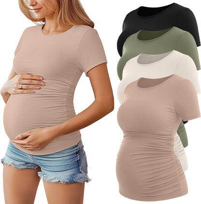 Huukeay 4 Pack Women's Maternity Shirts, Crew Neck Maternity Top Short Sleeve Casual Cotton Tee Side Ruched Pregnancy Clothes