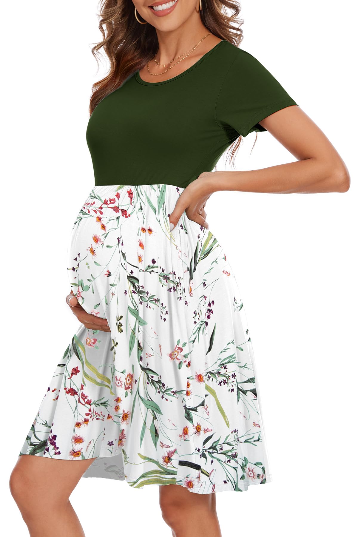 Women's Short Sleeve Maternity Dress Patchwork Pregnancy Clothes with Pockets