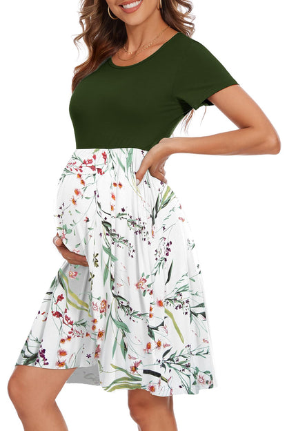 Women's Short Sleeve Maternity Dress Patchwork Pregnancy Clothes with Pockets