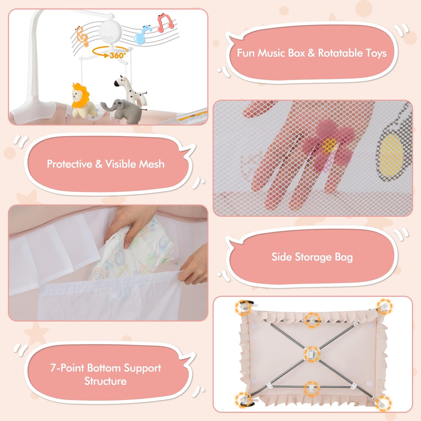 BABY JOY 4 in 1 Pack and Play with Canopy, Portable Baby Playard with Bassinet, Double-Layer Baby Crib, Wheels & Brake, Foldable Baby Girl Pink Princess Bassinet from Newborn to Toddler