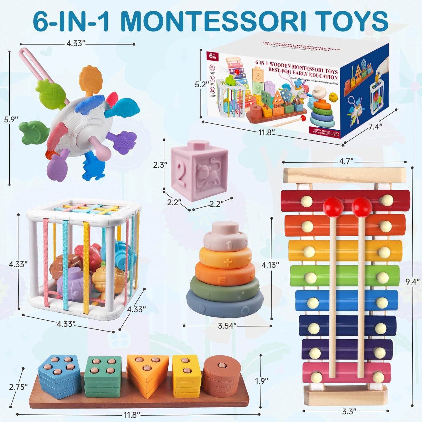 6 in 1 Montessori Baby Toys for 1 Year Old, Toddlers Sensory Teething Toys for Babies, Wooden Stacking Building Blocks Shape Sorter, Xylophone Musical Toy, Educational Birthday Gift for Kids 1 2 3