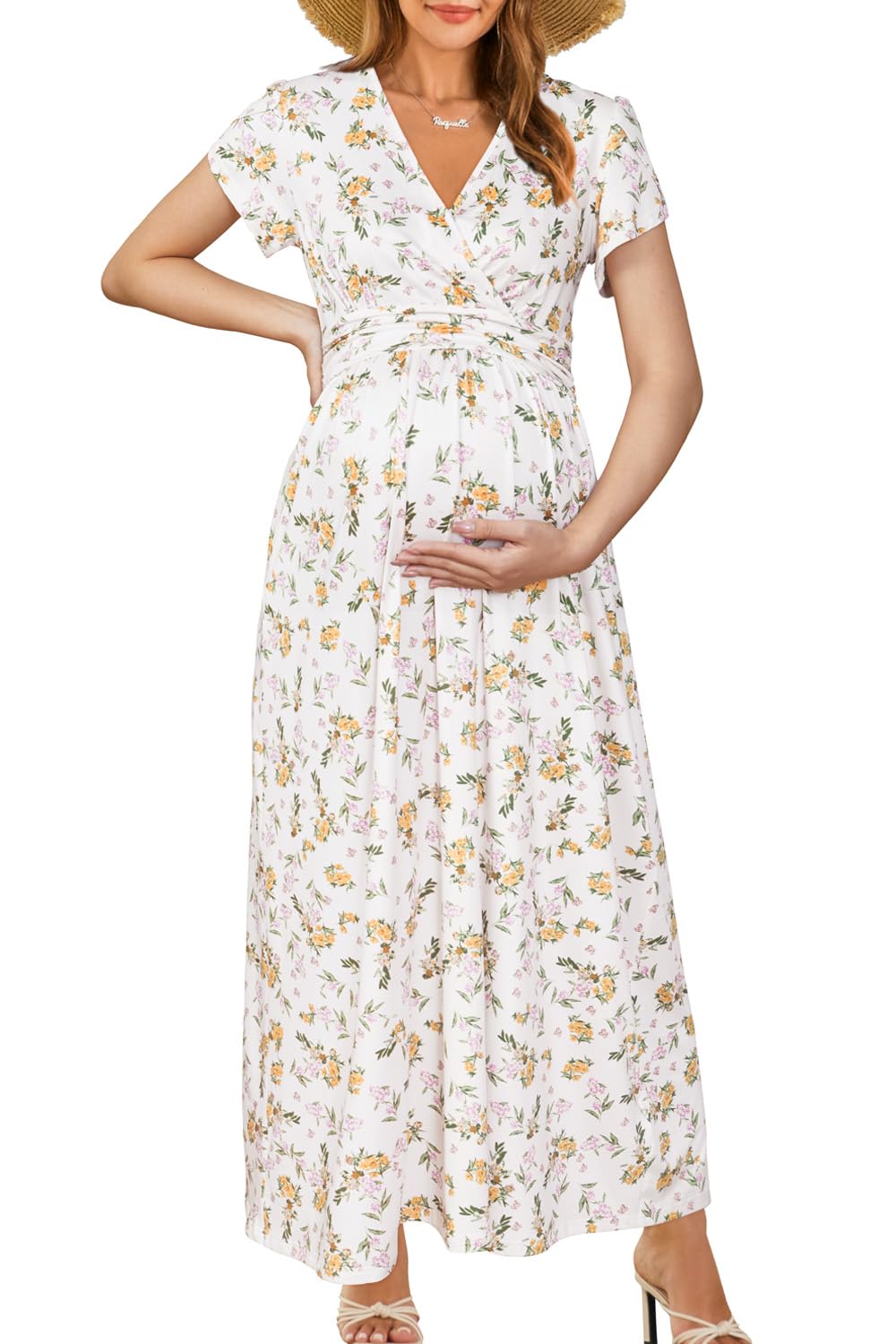 OUGES Maternity Maxi Dress Wrap Baby Shower Pregnancy Dresses for Photoshoot Maternity Outfits Summer Clothes 2026