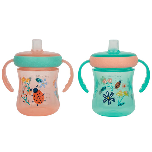 The First Years - Soft Spout Sippy Cup - Toddler Trainer Cup for 6+ Months -With Handles and Leak Proof Lid - 7 Oz - Floral Ladybug Print - 2 Count