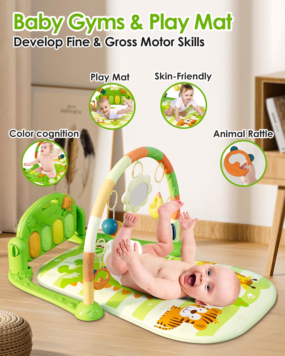 dearlomum Baby Play Mat Gym, Funny Play Piano Tummy Time Activity Mat with 5 Infant Sensory Toys, Music and Lights, Boy & Girl Gifts for Newborns 0 to 3 6 9 12 Months (Pink)