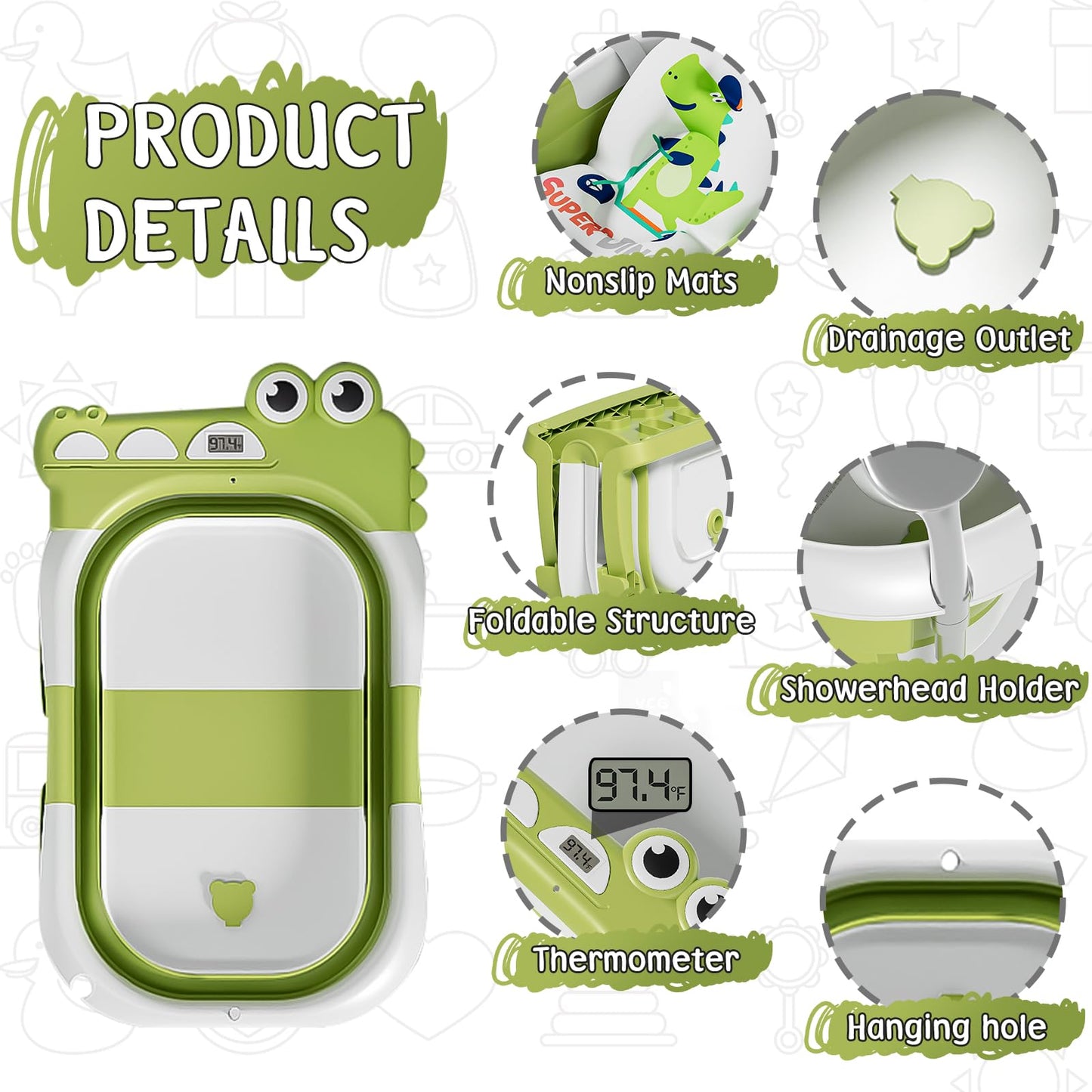 MoreFeel Collapsible Baby Bathtub for Newborn with Thermometer & 1 Hooded Towel & 1 Soft Floating Cushion,Portable Travel Bathtub with Drain Hole, Durable Foldable Baby Tubs for Infants to Toddler