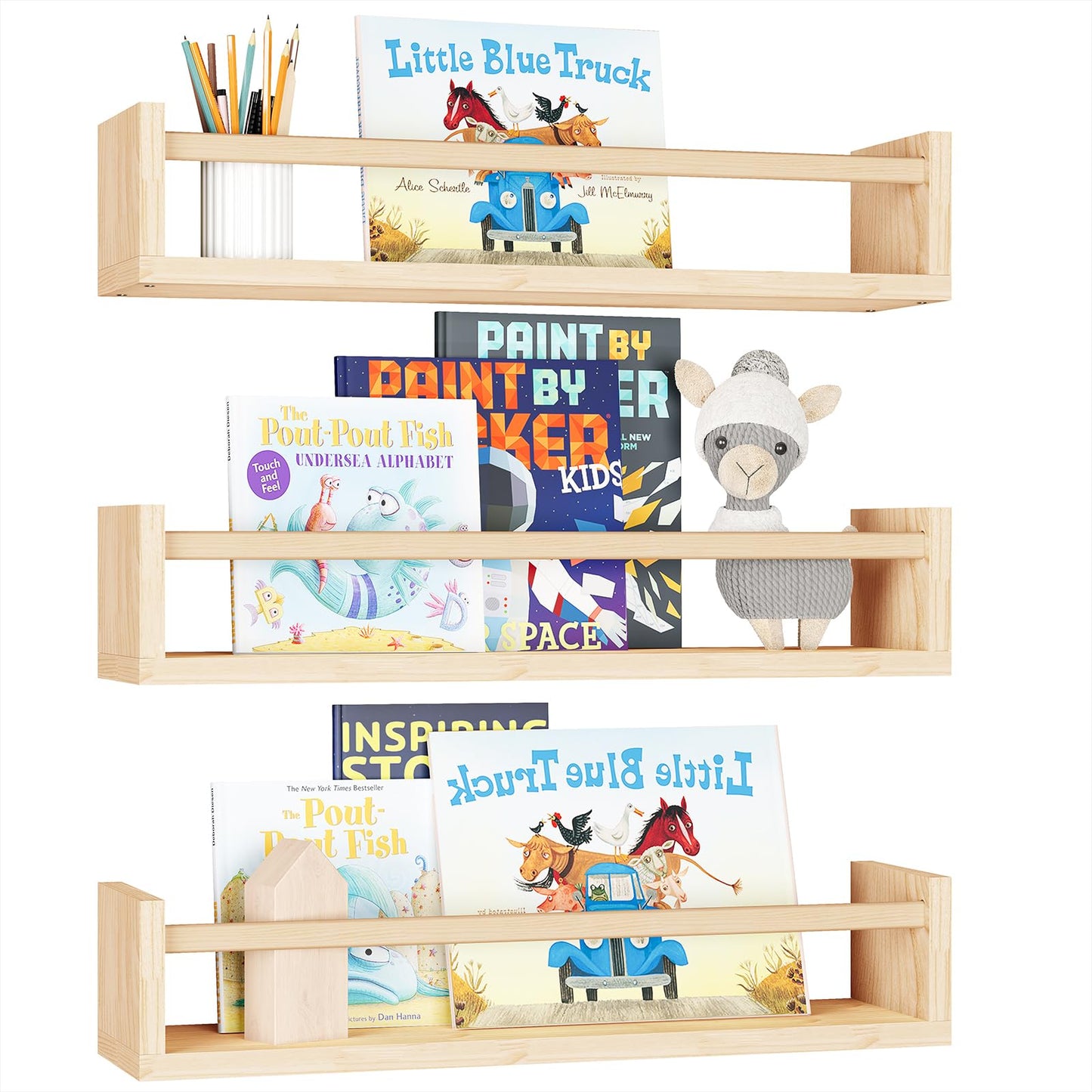 Fixwal Nursery Book Shelves, 16.5 Inch Floating Bookshelves for Wall Set of 3, Baby Nursery Decor, Solid Wood Wall Mounted Shelves for Books, Toys and Decor Storage (Brown)