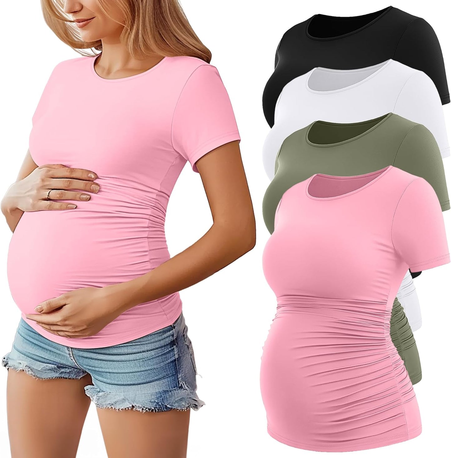 Huukeay 4 Pack Women's Maternity Shirts, Crew Neck Maternity Top Short Sleeve Casual Cotton Tee Side Ruched Pregnancy Clothes