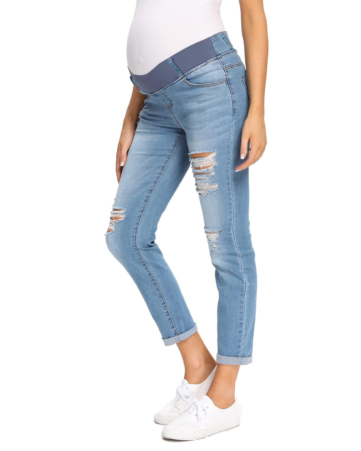 Foucome Women's Maternity Jeans Stretch Ripped Boyfriend Jeans Pregnancy Denim Pants with Pockets