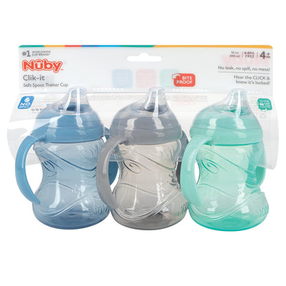 Nuby Clik-It Grip N' Sip Soft Spout No-Spill Training Sippy Cup with Handles - (3-Pack) 10 oz - 4+ Months - Aqua/Purple/Pink