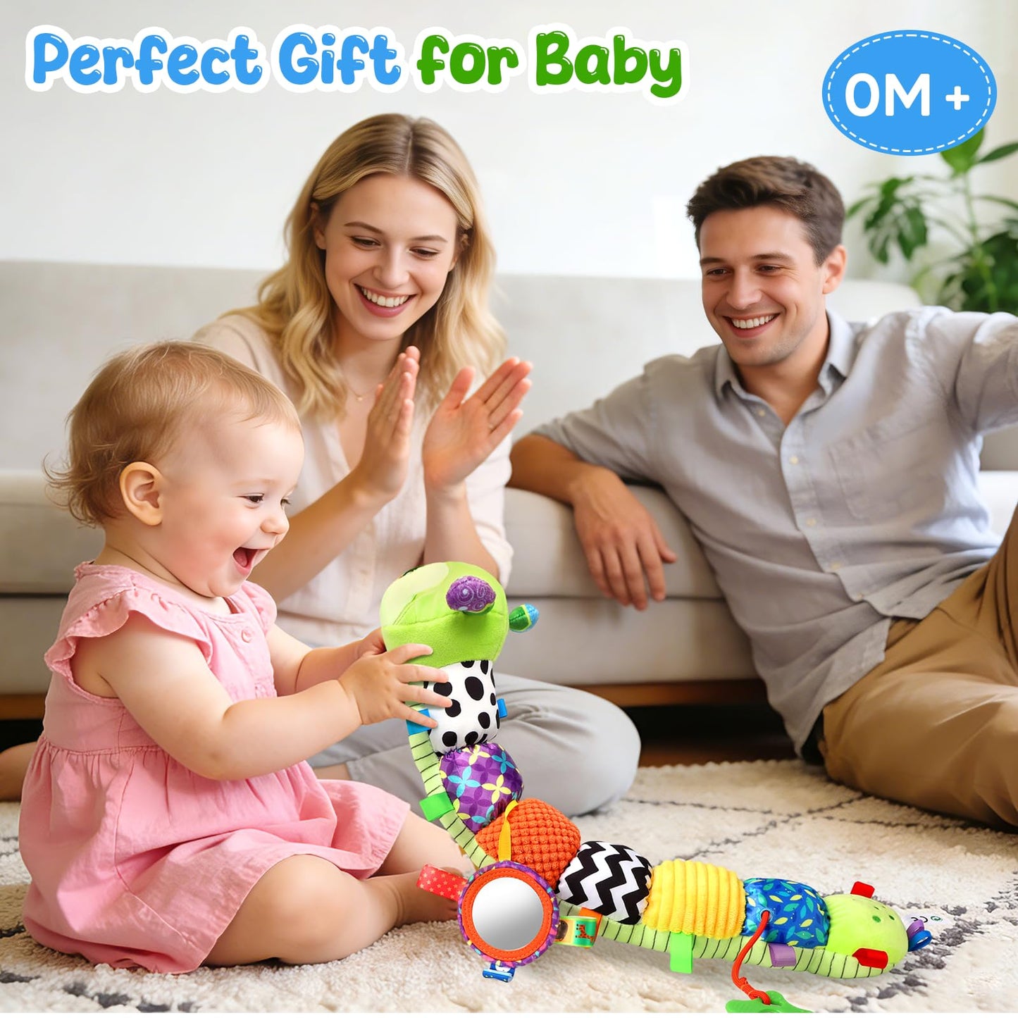 Baby Sensory Toys for 0-6 6-12 Months, Musical Stuffed Caterpillar Animal Toys for Infant 3 6 9 12 18 Months, Tummy Time Toys with Mirror Rattle Crinkle for Newborn Boys Girls Shower Gifts