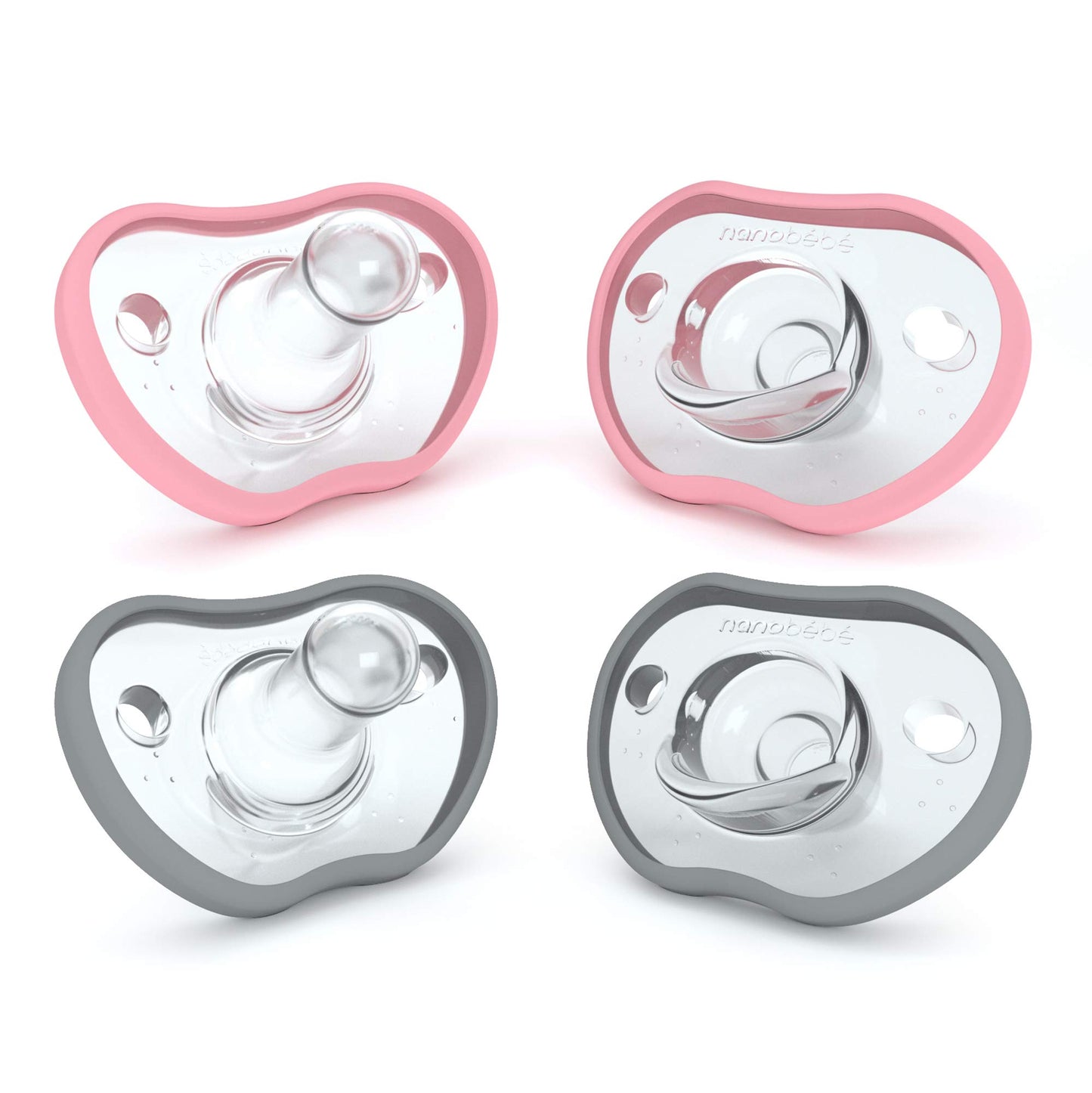 Nanobebe Active Baby Pacifiers 4-36 Months - Orthodontic, Lightweight and Vented, Curves Comfortably with Face Contour, 100% Silicone - BPA Free, Perfect Baby Registry Gift 4pk, White/Pink