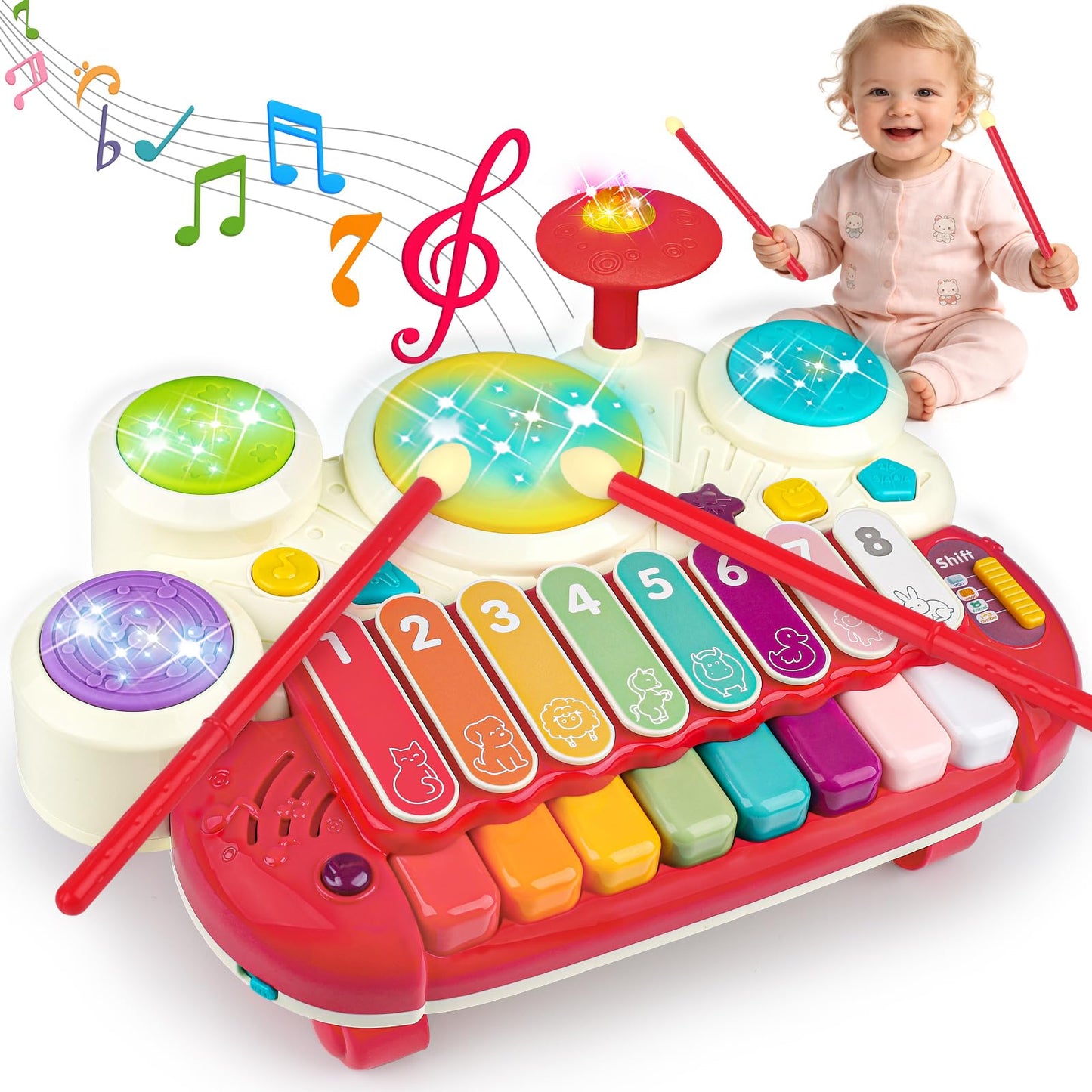 Baby Piano Drum Set for Toddlers 1-3, Musical Toys 3 In 1 Baby DJ Table Piano Keyboard Xylophone Instruments for 1 2 Year Old Boys Girls Music & Light Activity Table 6-12-18 Months Old Birthday Gifts