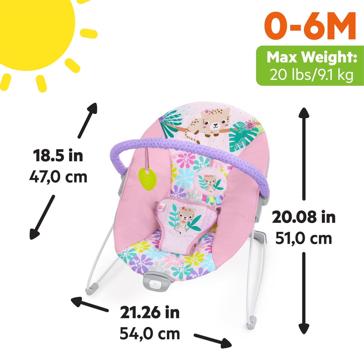Bright Starts Baby Bouncer Soothing Vibrations Infant Seat - Removable -Toy Bar, Nonslip Feet, 0-6 Months Up to 20 lbs (Safari Fun)
