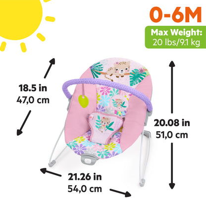 Bright Starts Baby Bouncer Soothing Vibrations Infant Seat - Removable -Toy Bar, Nonslip Feet, 0-6 Months Up to 20 lbs (Safari Fun)