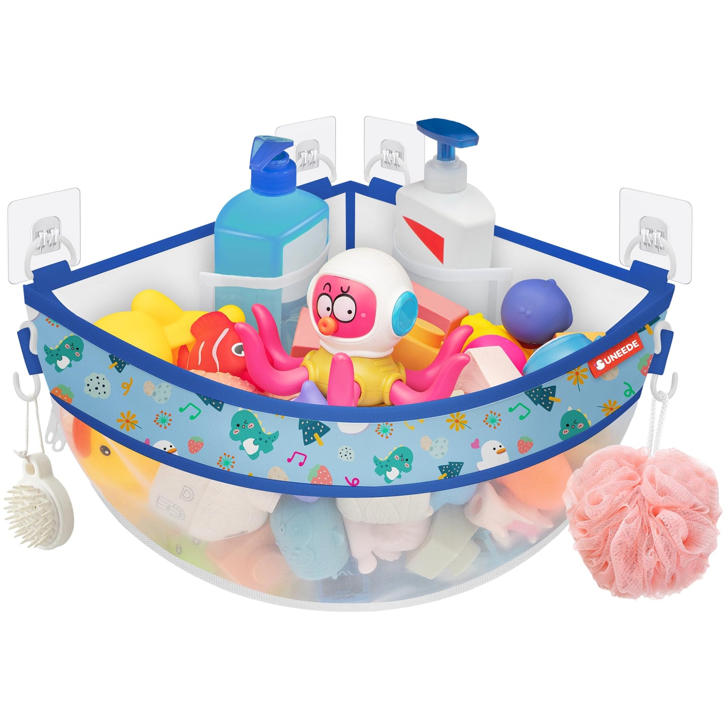 UNEEDE 4.32 Gallons Corner Mounted Bath Toy Storage Holder, Mesh Shower Caddy for Bathtub Organizer, Quick Dry Holder