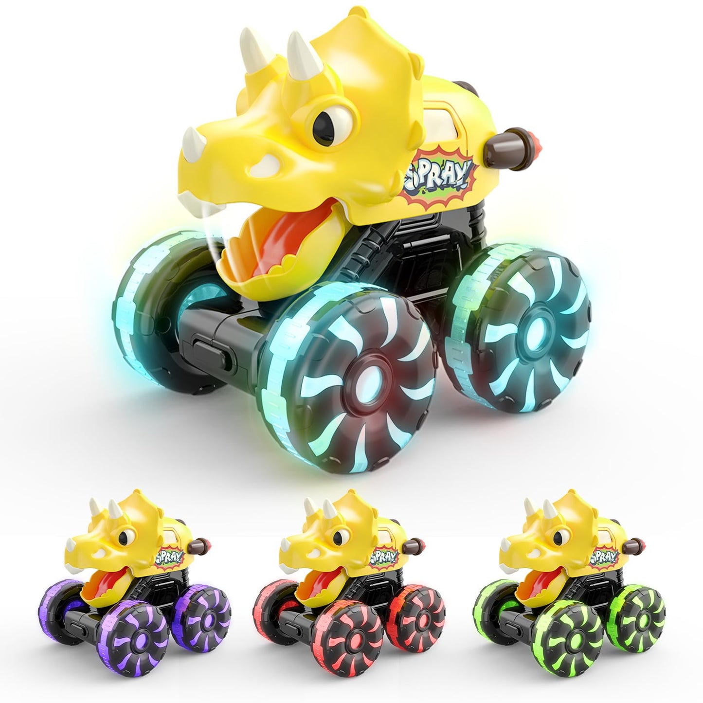 Intoypad 3 Pack Dinosaur Car Toys for Kids Toddlers, Light up Wheels Monster Truck Toys for Boys 2 3 4 5 6 7 8 Years Old Christmas Birthady Gifts Press & Go Dino Trucks Toy for Toddler Boy Baby