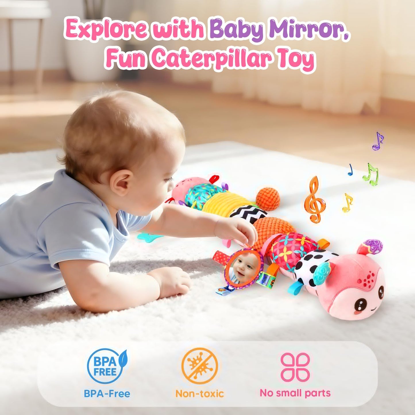 Baby Sensory Toys for 0-6 6-12 Months, Musical Stuffed Caterpillar Animal Toys for Infant 3 6 9 12 18 Months, Tummy Time Toys with Mirror Rattle Crinkle for Newborn Boys Girls Shower Gifts
