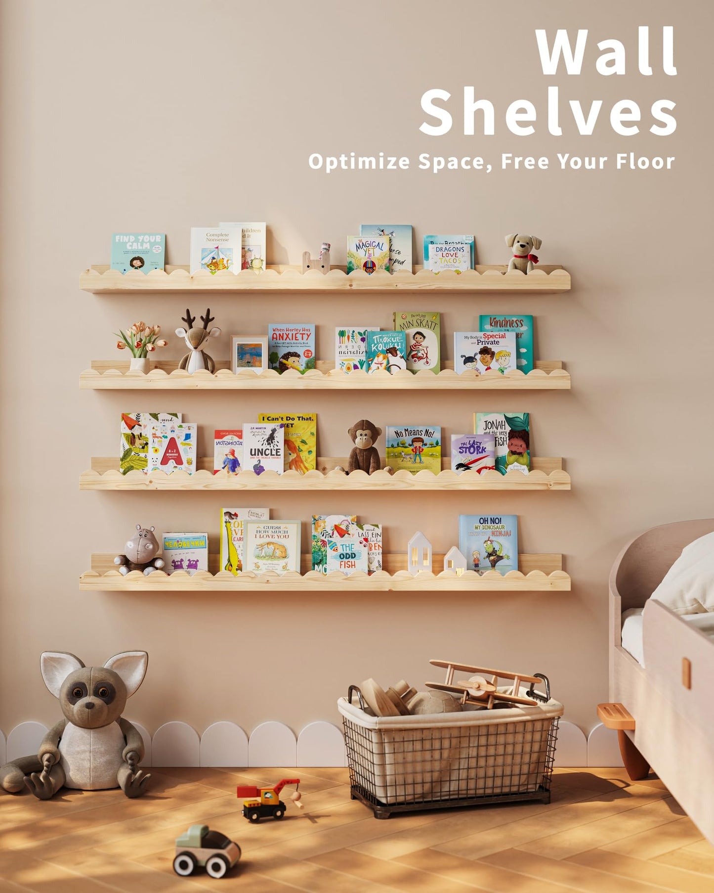 Shario Nursery Book Shelves, 4-Pack White Floating Shelves for Wall Kids, Scalloped Shelves, Wall Book Shelves for Bedroom Kids, Toddler Room, Baby Room, Nursery Decor