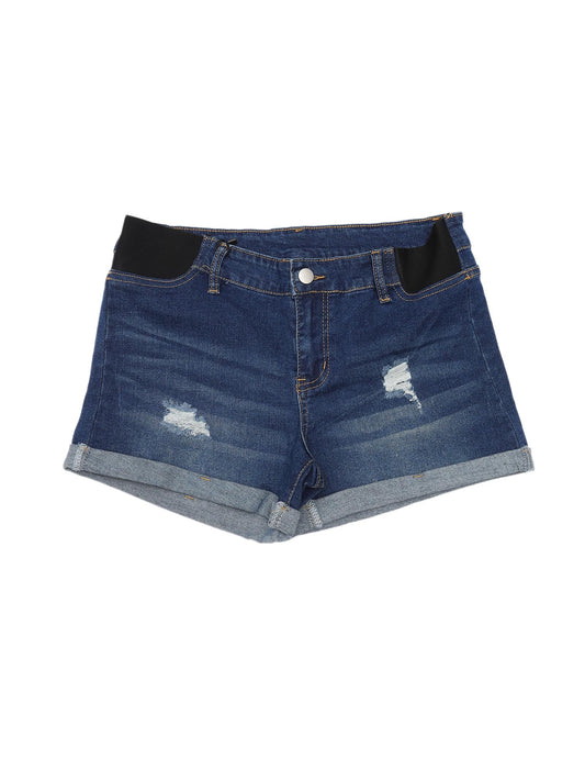 Women's Maternity Denim Shorts Elastic Panel Roll Hem Ripped Low Rise Mini Summer Pregnancy Jeans Shorts