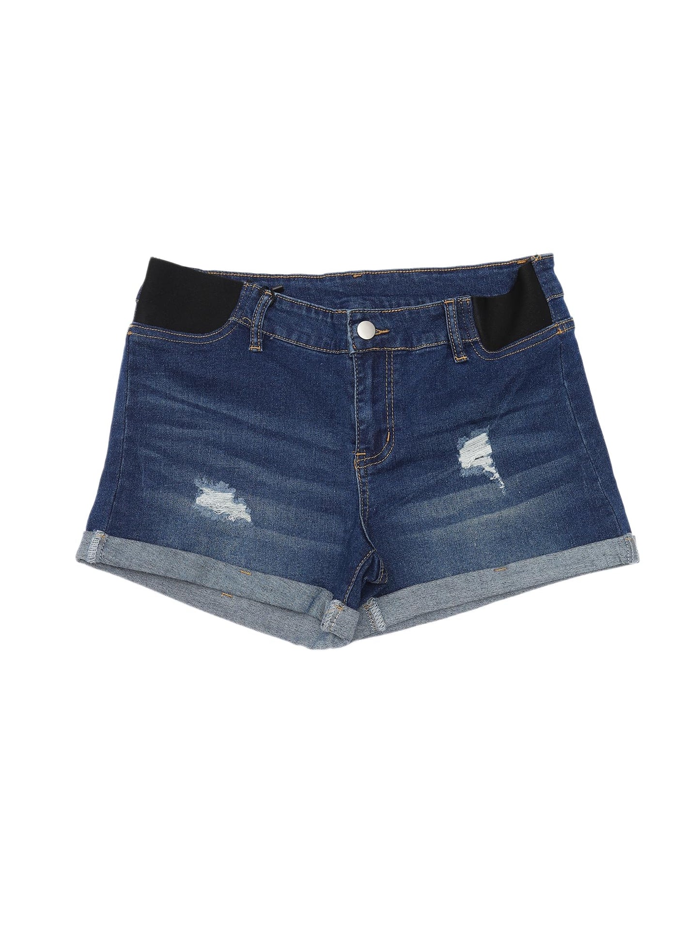 Women's Maternity Denim Shorts Elastic Panel Roll Hem Ripped Low Rise Mini Summer Pregnancy Jeans Shorts