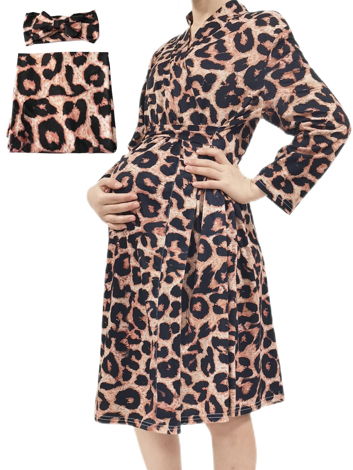 SUFEINI Maternity Robe and Matching Baby Swaddle Blanket Set, Mommy Robe with Receiving Blanket Girls Boys Sleepwear
