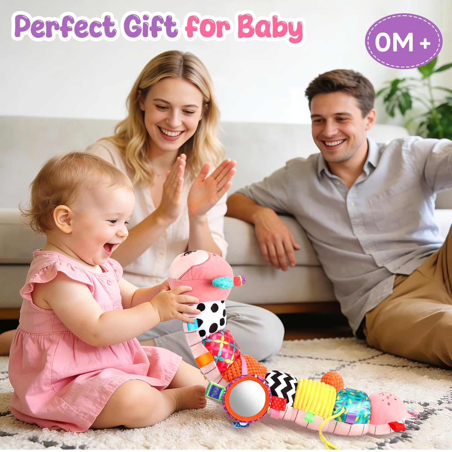 Baby Sensory Toys for 0-6 6-12 Months, Musical Stuffed Caterpillar Animal Toys for Infant 3 6 9 12 18 Months, Tummy Time Toys with Mirror Rattle Crinkle for Newborn Boys Girls Shower Gifts