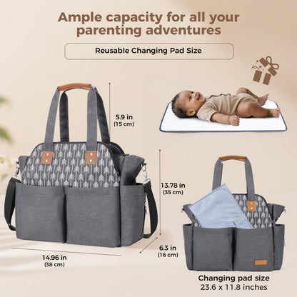 Lekebaby Diaper Bag Tote, 17 Pockets Large Travel Diaper Tote Waterproof with Portable Changing Pad, Mom Crossbody Hospital Bag for Labor Delivery, Baby Essentials for Newborn Gifts, Grey