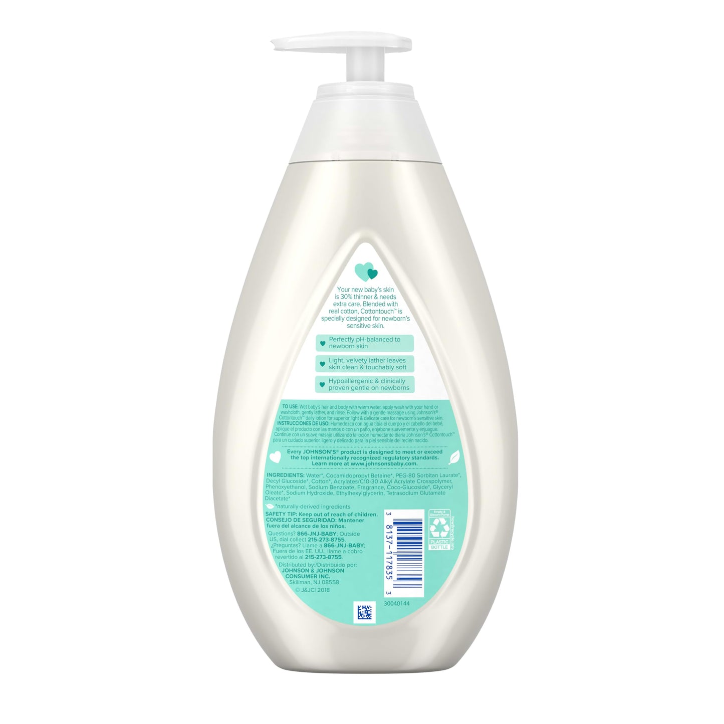 Johnson's CottonTouch Newborn Baby Body Wash & Shampoo, Gentle & Tear-Free, Made with Real Cotton, Gently Washes Away Dirt & Germs, for Sensitive Skin, Baby Essentials, 13.6 fl. oz